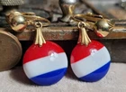 Vintage Costume jewelry clip on earrings 1980s W/ Red White And Blue Discs