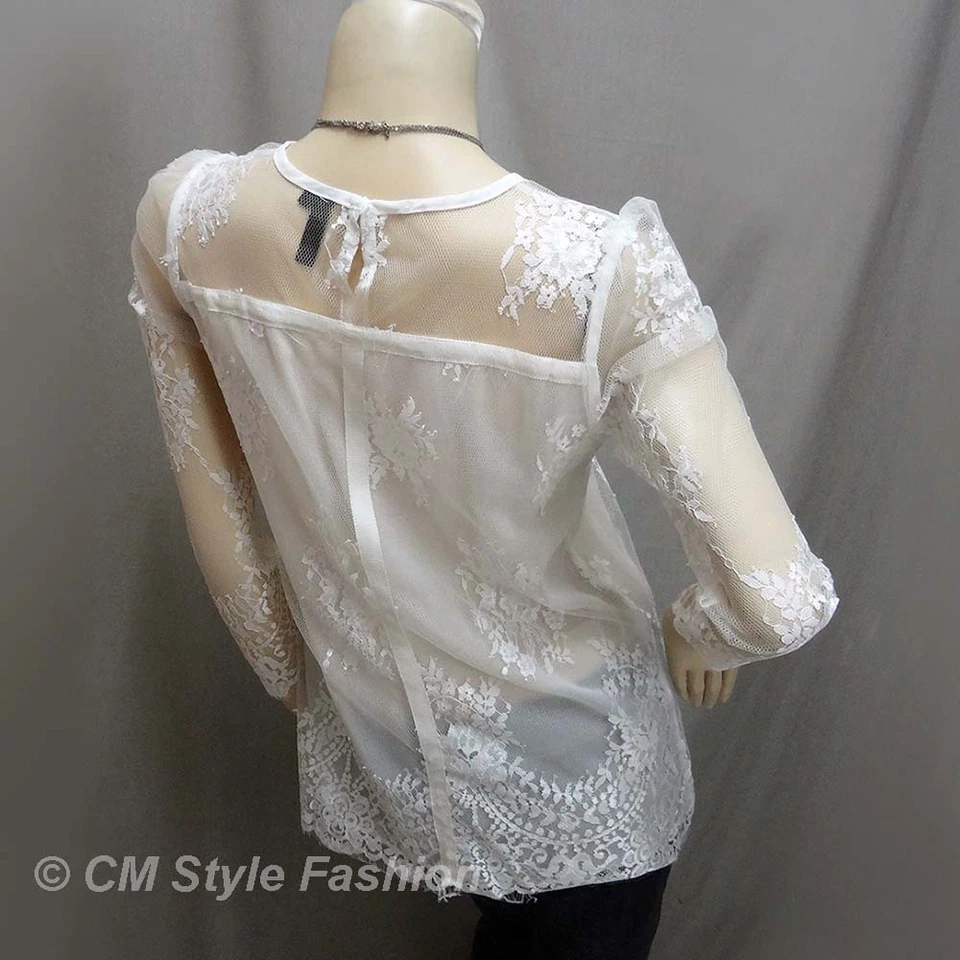 Blusa Top Estilo CM Sexy Transparente Hombro Encaje Floral Blanca S Foto 4 de 4