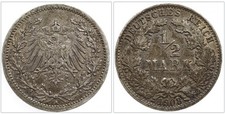 1/2 Halbe Mark St&uuml;ck 1908 A Deutsches Reich Reichsadler Kaiserreich Silber M&uuml;nze