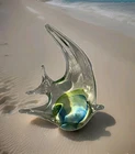 Vintage Murano Style Blue & Green Art Glass Fish Paper Weight 6" Beach Decor