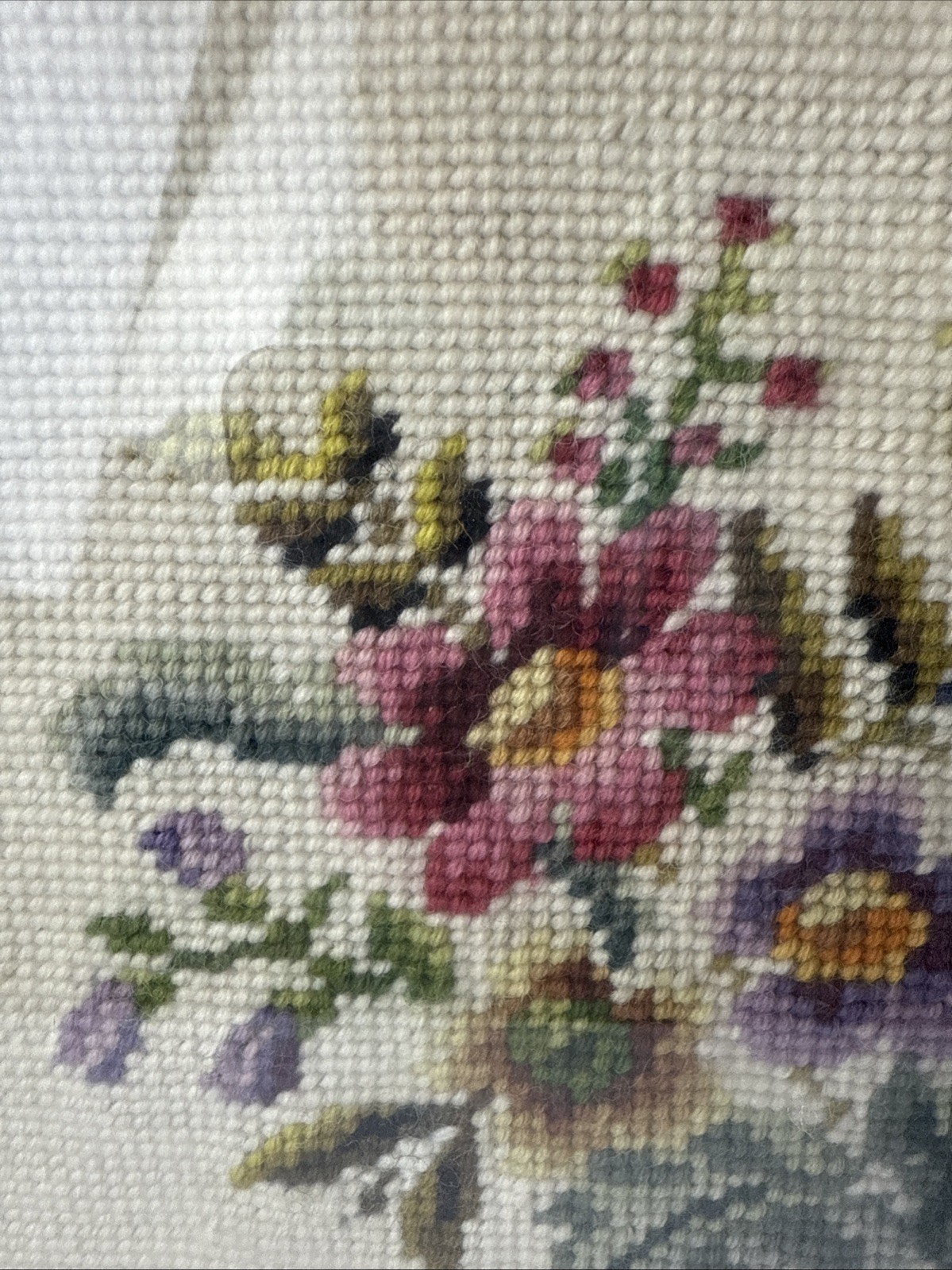 Vintage Floral Needlepoint Art Framed Bouquet Embroidery Flowers 18"x16"