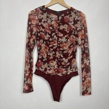Lulus Burgundy Mesh Floral Bodysuit Sz M Ruching Sheer Sleeves Romantic Chic