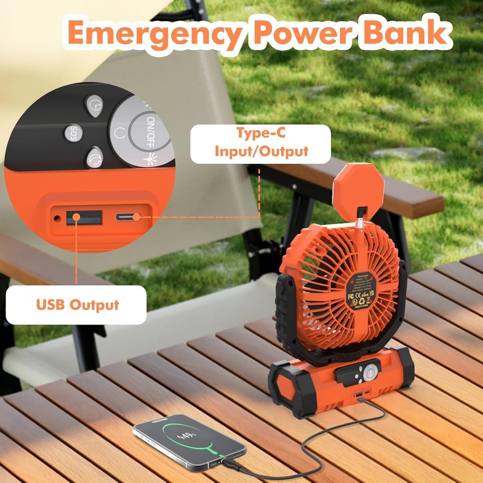 Lollyes Portable Camping Fan – 20000mAh Rechargeable, Up To 96H Battery, USB, With Light & Remote