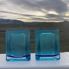 Vintage Set Of Two Studio Nova Flashed Aqua Blue Textured Glass Picture Frames