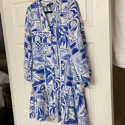 EUC Rachel Zoe Blue and White Abstract Santorini Tile Print Dress, Small