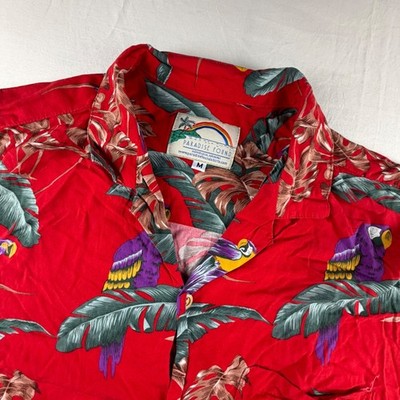 Paradise Found Hawaiian Shirt Mens Medium Red Parrot Tropical Rayon Hawaii 0196