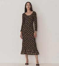 DOEN Foxglove Floral Smocked Midi Dress XS 100% Ramie Puff Sleeve Cottagecore
