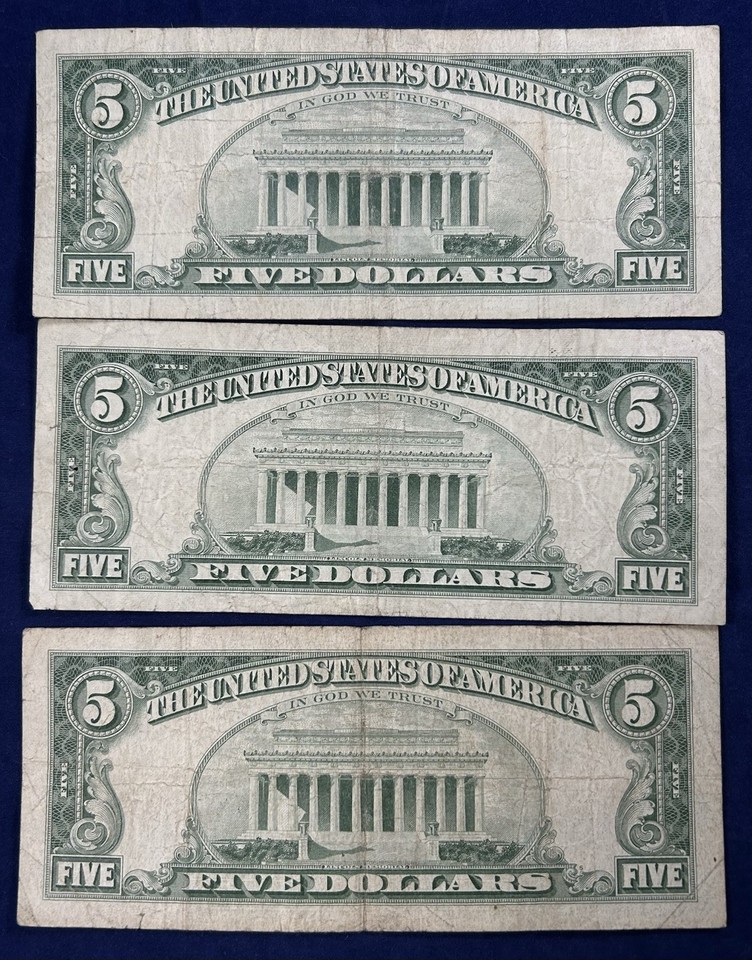 Lot of 3 - 1963 Five Dollar $5 Bill Red Seal United States Note ...