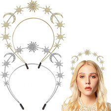 2 Pcs Crystal Halo Crown Gold&Sliver Star Baroque Headband Goddess Headpiece Bri