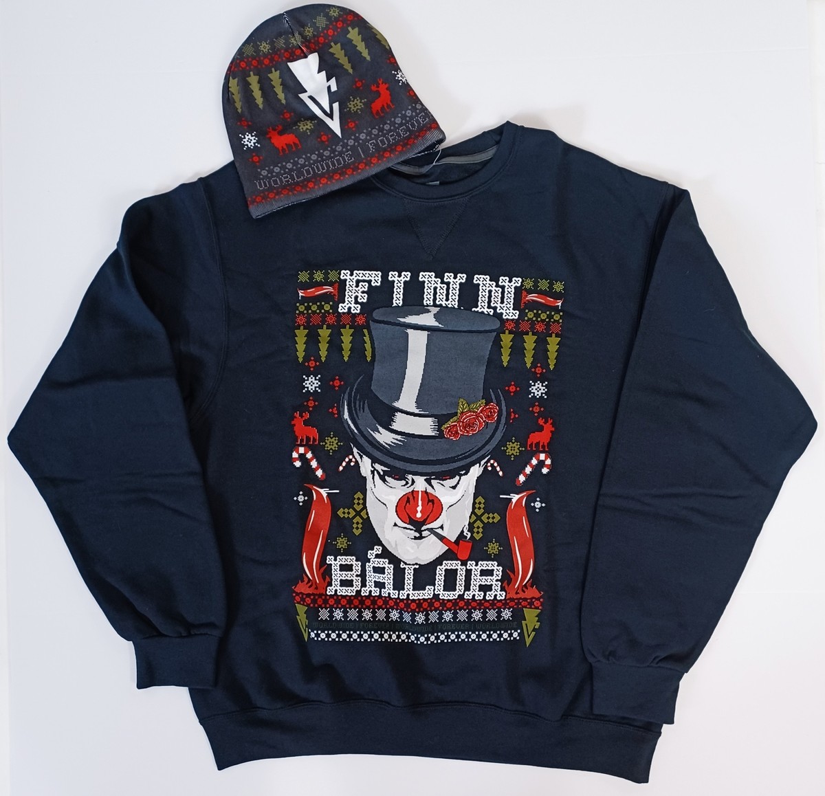 WWE Finn Balor Ugly Christmas Clown Crew Neck Sweatshirt, Skull