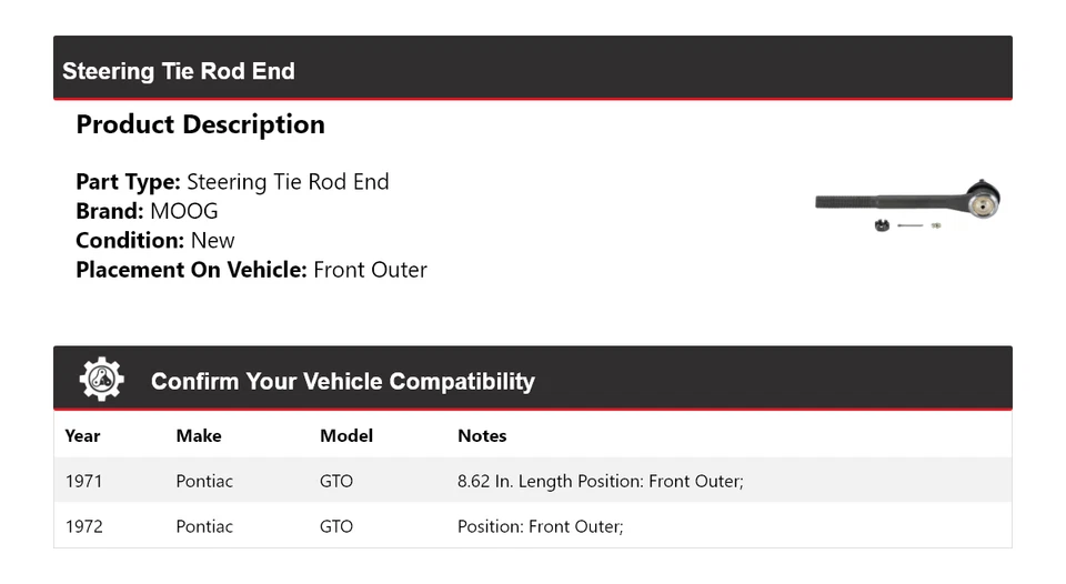 Para Pontiac GTO 1971-1972 extremo de barra de dirección delantero exterior MOOG Foto 2 de 4