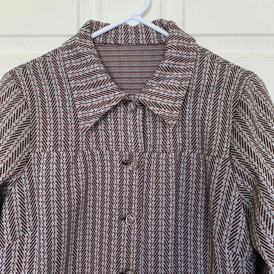 Camisa Chaqueta Vintage Marrón Rayas Mujer’s 2XL Hecha a Mano Retro LEER 70’s Foto 3 de 4