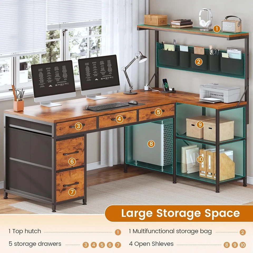 L Shaped Office Desk, Reversible Computer Desk with 5 Drawers & Storage Shelves - Image 4 of 4