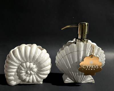 2 PC RESIN 3D SNAIL,SEA SHELL BRONZ,PEARL WHITE SOAP DISPENSER,TOOTHBRUSH HOLDER
