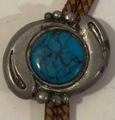 Vintage Metal Bolo Tie, Nice Blue Turquoise Stone Design, Brown Cord,