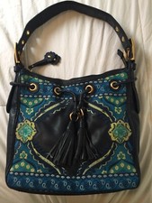 Isabella Fiore Large Blue Leather Embroidered Handbag W/tassel Detail