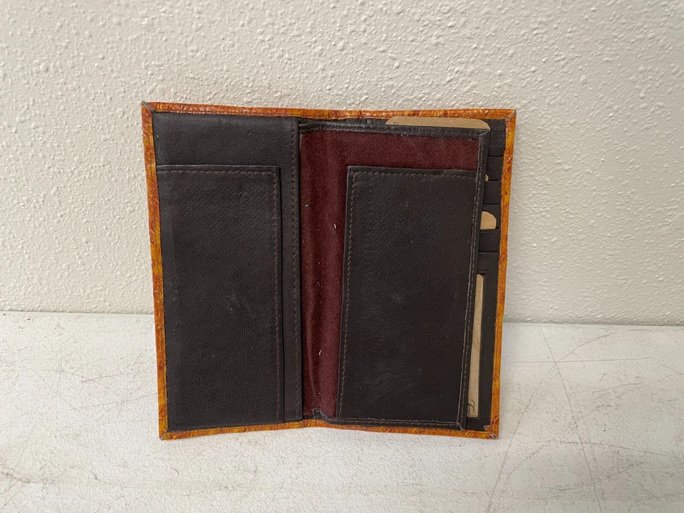 Billetera de cuero vaquero triple con estampado de avestruz tostado ventana de identificación para hombre Foto 3 de 4