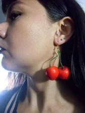 Earrings Two Cherries Red Plastic Pinup Burlesque Retro Glamour