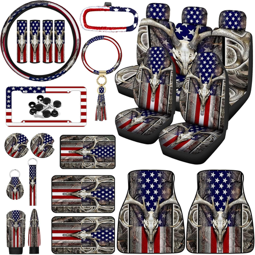 26 Pcs American Flag Wood Deer Car Accessories USA Camo Seat Covers Set Steering - Picture 10 of 12