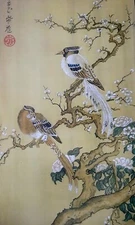Vintage painting on silk "Flowers and Birds" Beverly Fuller Reproduction  1990