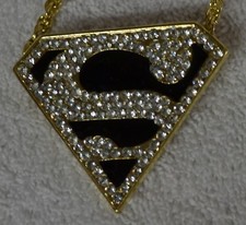 Superman or Supergirl Necklace Gold Pendant Fake Diamond Accents 13in NEW
