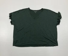 Loft Womens Size M Olive Green Blouse V Neck Ruffle Trim Short Sleeve Oversized