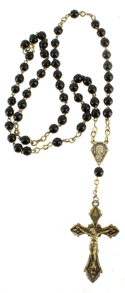 Antik Französischer Art Déco Messing & Jet Glas Perlen Rosenkranz
