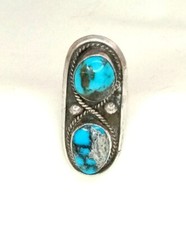 Native American Double Blue Gray Turquoise Sterling Silver Large Statement Ring