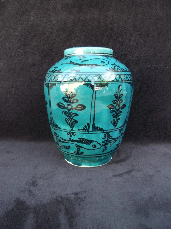 Vase céramique Iran Qajar Islamic Kadjar Perse céramique Poissons Bleu turquoise - Photo 2/4