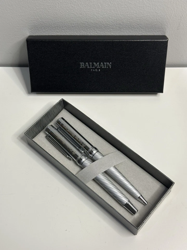 (2) BALMAIN PARIS CARTER TWIST BALLPOINT PEN SILVER TONE MESH 9099-30BK - Image 2 of 3