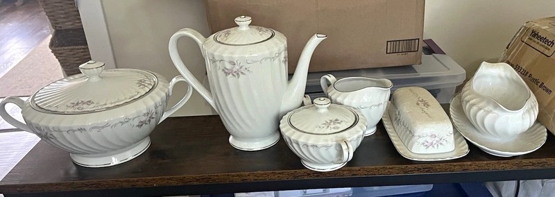 Gold Standard Porcelain. Teapot, butter dish, sugar, creamer, gravy boat, plates