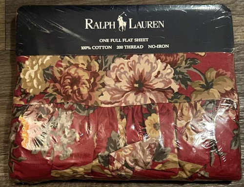 Vtg Ralph Lauren Danielle Floral Red Full Flat Sheet Ruffled Countrycore Cotton