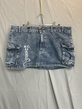 Ed Hardy Womens Denim Mini Skirt Y2K Tattoo Graphic Heart Dagger Blue Size 34