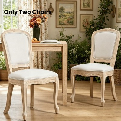 Set of 2 Country Linen Dining Chairs with Curved Brushed Legs High Back Armless