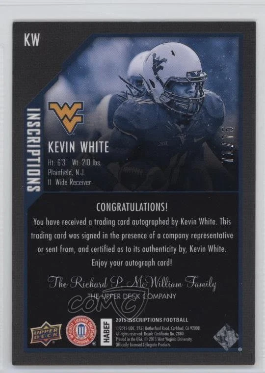 Upper Deck Inscriptions 2015 rojo/75 Kevin White #KW novato automático radiocontrol Foto 2 de 2