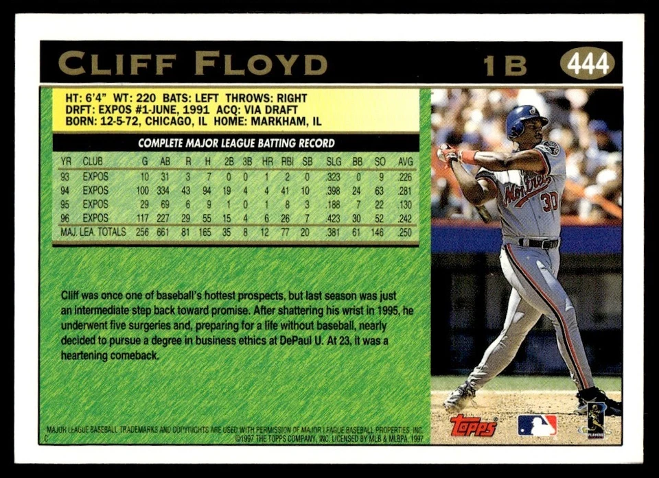 1997 Topps Cliff Floyd Montreal Expos #444 - Image 2 of 2