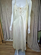Vintage California Dynasty Ivory Satin Nightgown Medium Lace Applique Open Back