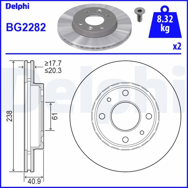 2X Bremsscheibe Delphi BG2282 FüR Renault 11 21 Kangoo Clio Nissan 19 Kubistar 2-image