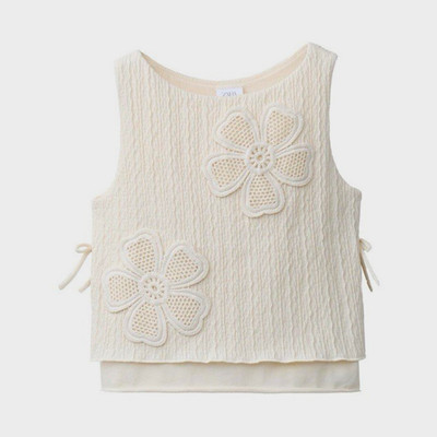 ZARA Ivory Crochet Flower Knit Tank Top Sleeveless Scoop Neck Tie Sides 12