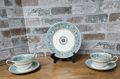 Wedgwood England W2714 Florentine Turquoise Plate, Teacup, Soup Bowl, Saucers