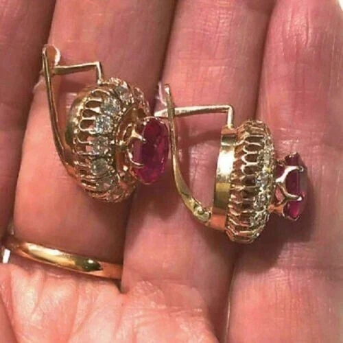 4Ct Lab Created Oval Ruby Halo Drop & Dangle Earrings 14K Yellow Gold Finish - Image 3 of 4