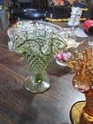 Vintage Fenton Colonial Green Hobnail Glass Ruffled Edge Footed Vase