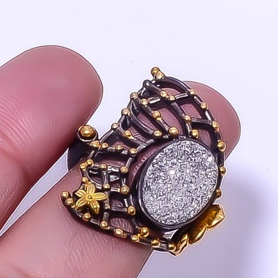 Titanium Silver Agate Drusy 925 Sterling Silver Two Tone Gold Plated Ring s.8 R9