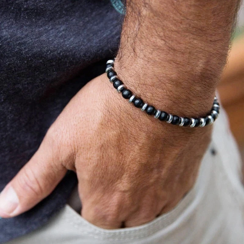 Black Onyx & Stainless Steel 4mm Beaded Protection Healing Men's Bracelet Gift - Image 2 of 3