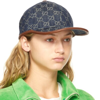 NEW GUCCI GG Monogram Denim Leather Trim Baseball Cap Hat Size M