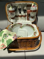 Vintage Picnic Time Basket Folding Handles with Tablecloth, Silverware Etc.