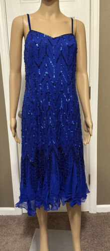 Oleg Cassini Blue Size 12 100% Silk Strappy Sequin & Beaded Dress - Afbeelding 1 van 6