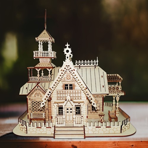 3D Wooden Puzzles Vintage Villa Building Model Kit DIY Assembly Illuminated Toy - Picture 7 of 8