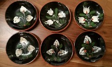  6x Wandteller Tonteller bemalt glasiert schwarz Hafnerkeramik Retro Vintage rar