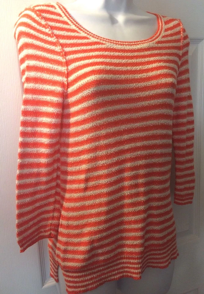 Suéter Anthropologie HWR Monograma Rayas Naranja Blanco Expuesto Cremallera Coral Talla S Foto 2 de 4